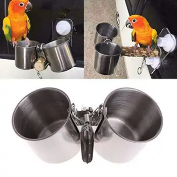 Металлическая кормушка для птиц, попугаев, миска для кормления пищевой водой из нержавеющей стали, чашка с зажимом для кормушки, подставка для миски для веток, клетка
