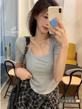 HOUZHOU Sexy Slim Tshirt, женские Летние повседневные серые футболки с коротким рукавом, нерегулярная Корейская мода, уличная одежда, укороченный топ, однотонный