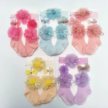1 комплект Мягких хлопковых носков с цветочным кружевом + повязка на голову + заколки для волос, подарочная коробка, головные уборы, эластичная лента для волос для девочек, аксессуары принцессы
