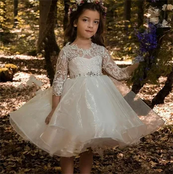 Платье для девочки в цветочек, белая пышная юбка из тюля, кружевная аппликация, пояс-бант, свадебный цветок, платье для первого Евхаристического дня рождения ребенка, праздничное платье