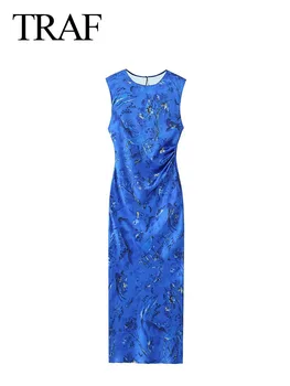 TRAF 2023 Женские элегантные тонкие платья синего цвета с круглым вырезом, складками, без рукавов, на молнии, женские новые модные летние длинные платья