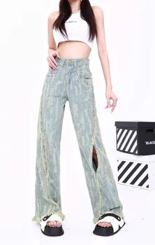 Женский дизайн, потертые дыры, грубый край, Широкие джинсы, Летние Новые шикарные женские ретро-брюки с высокой талией, Свободные прямые джинсовые брюки