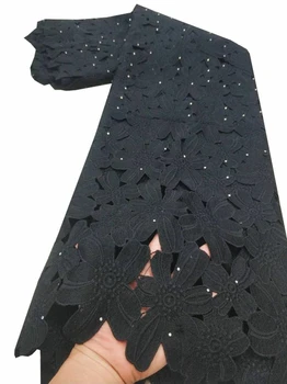 Черная Африканская гипюровая кружевная ткань 2023 Высококачественное кружево Нигерийские шнуровые кружевные ткани с камнями Для свадебного шитья STB138