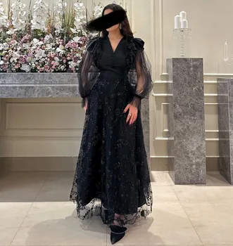 Lovestory Черные кружевные платья трапециевидной формы, женская вечерняя одежда из Дубая, пуговицы с V-образным вырезом, Прозрачное платье для выпускного вечера из тюля с длинными рукавами
