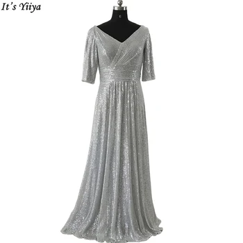 Вечерние платья It's Yiiya С V-образным вырезом и блестками K004, вечернее платье трапециевидной формы в складку с коротким рукавом и рюшами, вечернее платье большого размера