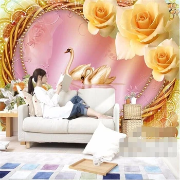 пользовательские обои papel de parede 3d для стен в стиле 3d с лебедем и розой в обрамлении 3d настенных обоев, обоев для домашнего декора