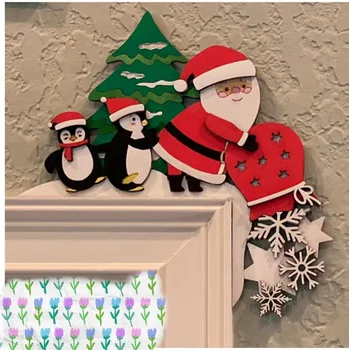Деревянное Рождественское украшение угловой дверной коробки, Мультяшный Санта-Клаус, Лось, Рождественский кулон с пингвином, Рождественский декор для дверной коробки