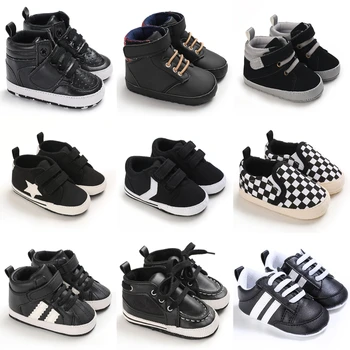 Черная модная повседневная обувь Для новорожденных мальчиков и девочек, Нескользящие Первые ходунки Для младенцев и малышей, Удобная обувь для кроватки, детские кроссовки