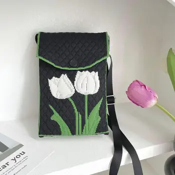 Женская маленькая сумка через плечо с милым цветком тюльпана, вязаная сумка-мессенджер, мини-квадратная повседневная сумка для мобильного телефона, сумочка для девочек, кошелек для монет, Сумочка