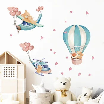 Мультяшный мишка лисенок, летящий на самолете, детская комната, детский сад, декоративные наклейки на стены, украшение детской комнаты