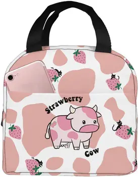 Женская изолированная сумка для ланча с рисунком розовой мультяшной коровы, Клубничное молоко, Многоразовый водостойкий холодильник, Переносная сумка для ланча-тотализатора