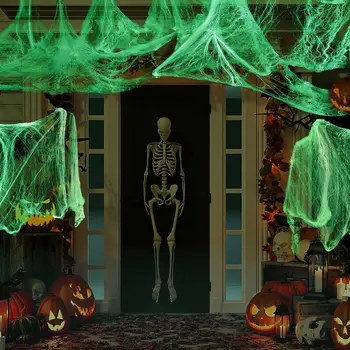 Светящиеся в темноте Паутина и искусственные пауки, белая эластичная паутина для Хэллоуина, реквизит для украшения ужасов в помещении и на улице.