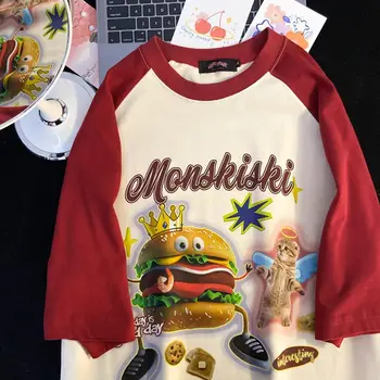 Европейская и американская милая крутая футболка реглан с рисунком кота-гамбургера в европейском и американском стиле для мужчин и женщин, свободная пара, универсальный топ