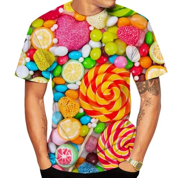 Мужская футболка с конфетным принтом, Летний топ с круглым вырезом и коротким рукавом, Повседневная футболка Оверсайз, Свободная уличная одежда Унисекс, Одежда Harajaku