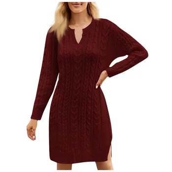 Женское вязаное платье-свитер средней длины со свободным низом, новые модные простые женские футболки Осень / зима 2023, топы, новинки