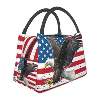 Лысый орлан, американский флаг, изолированные пакеты для ланча для пикника на открытом воздухе, Патриотический США, Многоразовый термоохладитель, ланч-бокс для женщин
