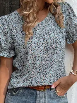 Стильная летняя блузка ZANZEA с леопардовым принтом, женская богемная праздничная рубашка с коротким рукавом, Повседневные топы для вечеринок, Женские блузки с оборками.