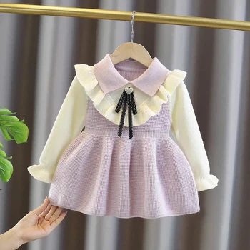 Платье для девочек 2023, весенне-осеннее детское вязаное платье-свитер, милая детская корейская версия, повседневное зимнее теплое платье