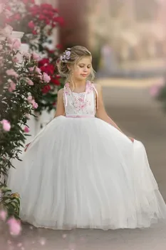 Лиф с цветочным принтом спереди, платье для девочек в цветочек, несколько слоев юбки из мягкого тюля полной длины, Розовая лента на талии