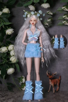 Комплект одежды из синего плюша + чехол для ног / топ с бабочкой + юбка + ремешки для ног / кукольная одежда 30 см для куклы Барби 1/6 Xinyi FR ST.